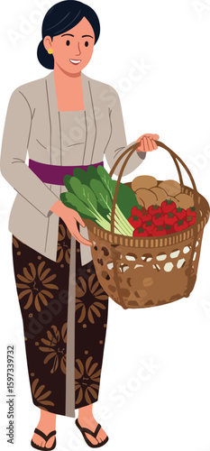 A young female trader, around 30 years old, dressed in traditional Javanese clothing, carrying a basket of vegetable.