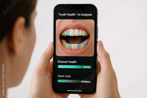 Wallpaper Mural Woman uses mobile app for teeth health assessment and tracking. Torontodigital.ca