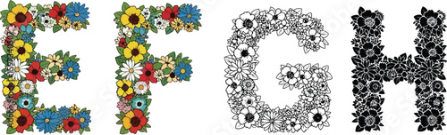 Floral alphabet letters e f g h flower font typography design vector illustration decorative elements editable