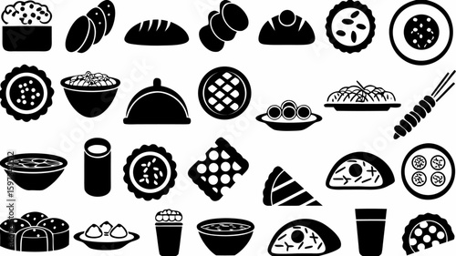 Illustration showing various food items including bread pastries pizza soup and other dishes in black and white | editable eps vectors silhouette