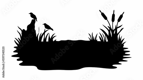Silhouette of two birds perched near cattails and grass in a wetland habitat, black and white landscape | editable eps vectors