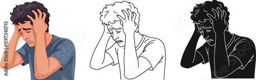 Illustration of man with headache stress and anxiety mental health concept in color line and silhouette editable