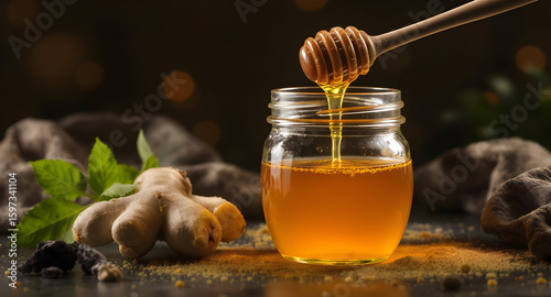 Honey pouring over ginger still life