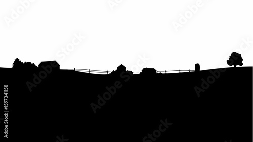 Silhouette of rural landscape with farm buildings and fence line against a white background scene view | editable eps vectors