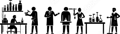 Black and white illustration of people working in a laboratory with various tools and equipment displayed | editable eps vectors silhouette