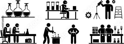 Illustration of scientists and researchers working in a laboratory with various equipment and experiments | editable eps vectors silhouette