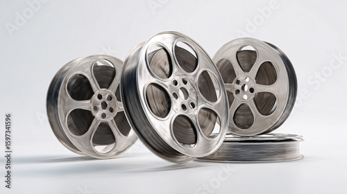Movie film reels shiny metal studio shot.