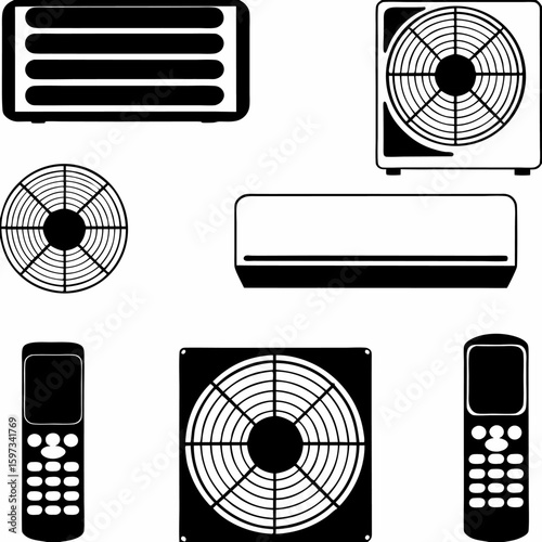 Illustration of air conditioning units with fans and remote controls in a black and white design scheme | editable eps vectors silhouette