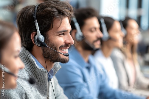 Support agents working diligently at a communication call center providing exceptional customer service during peak hours