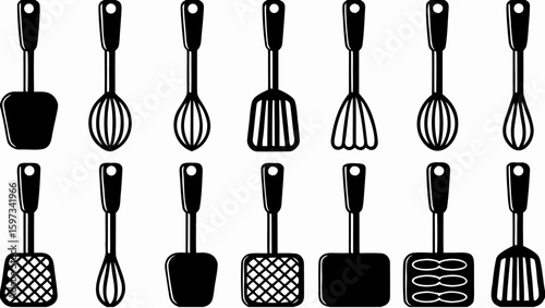Illustration showing a set of kitchen utensils including spatulas and whisks in a black and white style | editable eps vectors silhouette