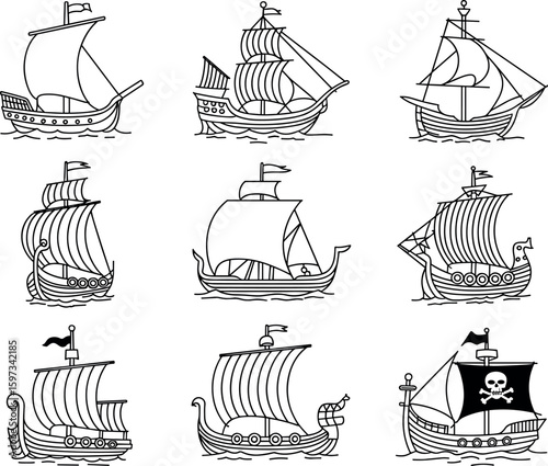 Eight Black and White Vector Illustrations of Vintage Sailing Ships Various Styles and Designs