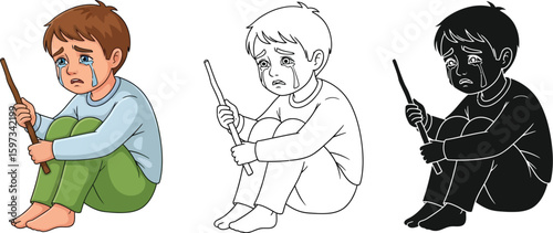 Sad boy crying illustration vector art crying child upset kid with stick emotional pain sorrow and sadness editable