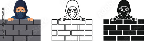 Ninja behind wall vector illustration set of cartoon ninja character hiding behind brick wall design vector editable