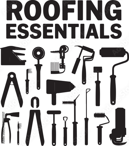 Black silhouette vector of roofing tools and equipment bundle pack construction repair