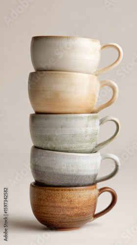 Stacked rustic ceramic mugs neutral colors still life