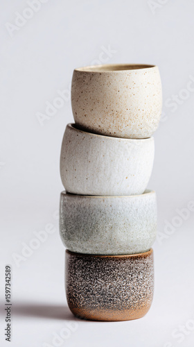 Stacked ceramic tea cups minimalist pottery on white