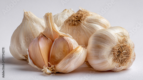 Garlic Bulbs Still Life on White Background