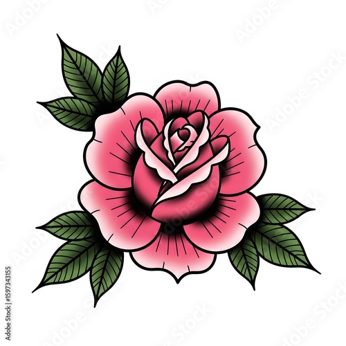 Beautiful Pink Rose Tattoo Design with Lush Green Leaves and Intricate Details for Art Lovers