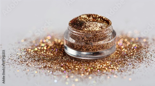 A small, clear plastic jar filled with golden glitter, with glitter scattered around it on a white surface.