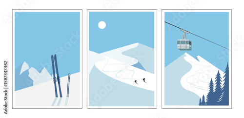 Modern retro ski posters, snowboard art prints