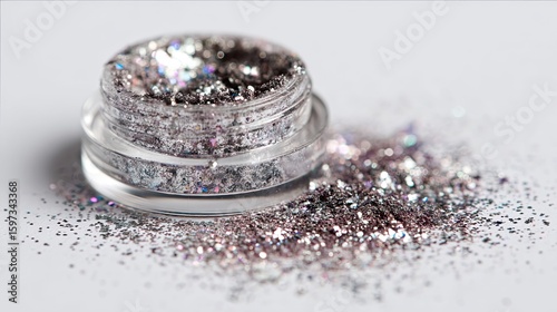 Close-up of a small, open jar of glitter with scattered particles on a white surface.