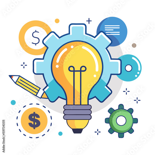Creative Innovation: The vibrant illustration captures the essence of inventive thinking and the spark of ingenious ideas. Depicting a lightbulb within a cogwheel framework.