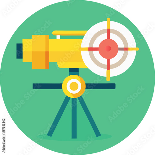 Visual Clarity of Precision: A vibrant illustration of a yellow theodolite with a red bullseye target. The theodolite sits atop a tripod, capturing the essence of focused observation and accuracy.