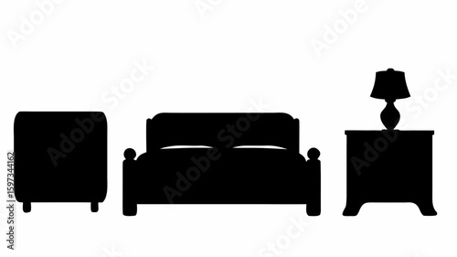 Silhouette of a bedroom setup featuring a bed, nightstand with lamp, and a chair against a white background | editable eps vectors