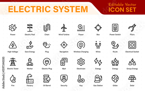 Electric System isolated icon set. Set of home electrification, electrical wire, and cable, lightbulb, led lamp, electricity meter, junction box, outlet and switch, extension cord, and more.