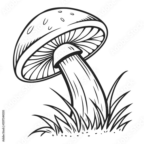 Black Line Art Mushroom in Grass White Background fungus