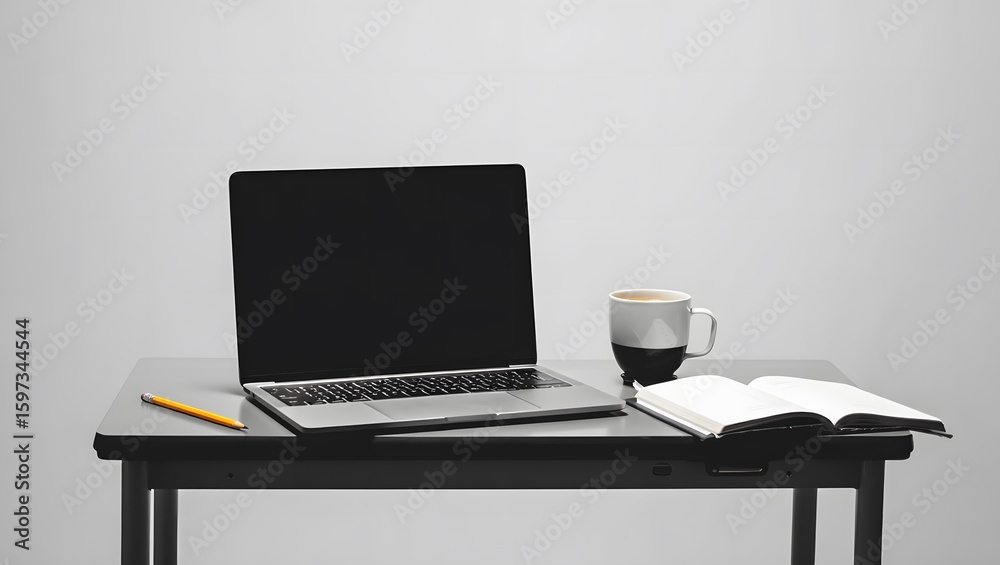 Fototapeta premium Open notebook and coffee beside laptop on desk coffee cup pencil