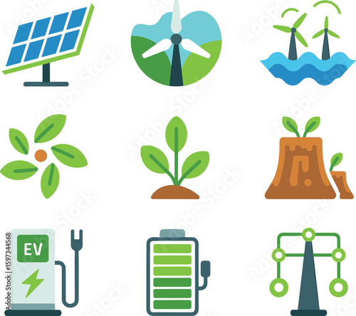 Eight Flat Icons Illustrating Renewable Energy Sources Solar Wind Geothermal Biomass E V