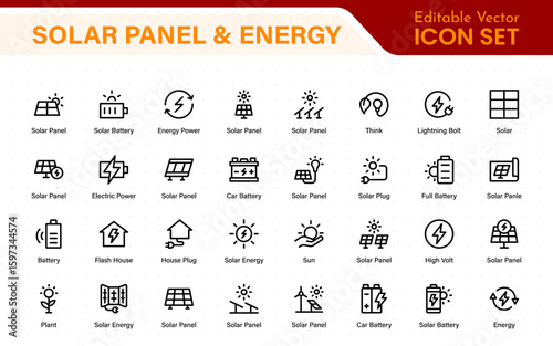 Solar panel color icon set with sun power photovoltaic (PV) home system and renewable electric energy technology glyph symbols: off the grid (OTG), inverter, charge controller, battery, meter.