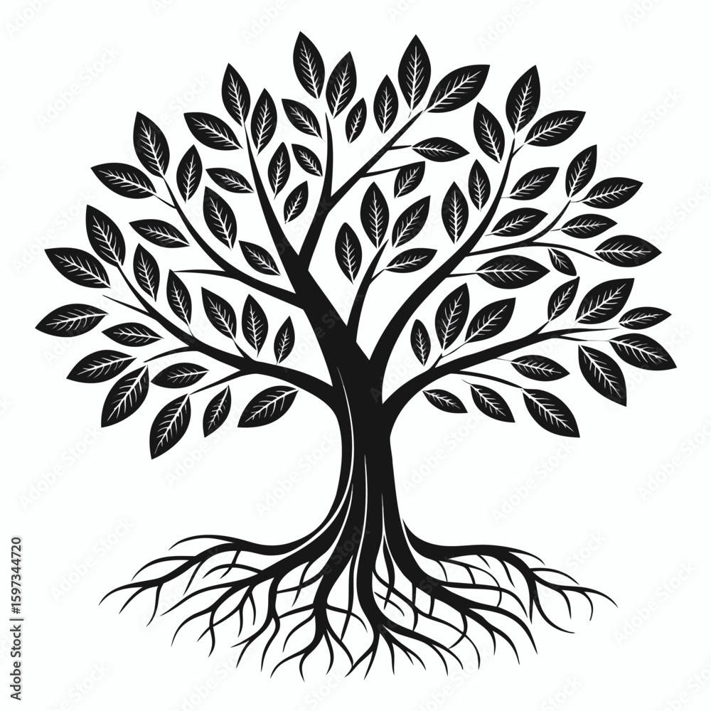 Obraz premium Black Silhouette Stylized Tree with Leaves and Roots