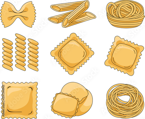 Eight Types of Pasta Vector Illustration Collection Farfalle Penne Rotini Ravioli Tagliatelle