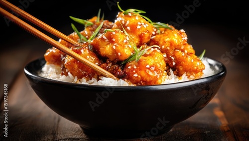 Crispy orange chicken over rice, chopsticks ready