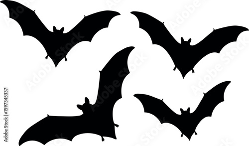 Four Black Bat Silhouettes Flying Against White Background Vector Graphic Illustration