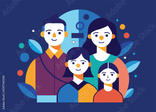Family Portrait: A stylized depiction of a loving family, embracing harmony, happiness, and togetherness, rendered in vibrant vector illustration.