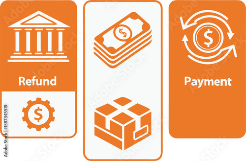 Refund and Payment Illustration: Clean and concise, this image features a series of icons, representing the core concepts of refund and payment, with an emphasis on financial transactions.