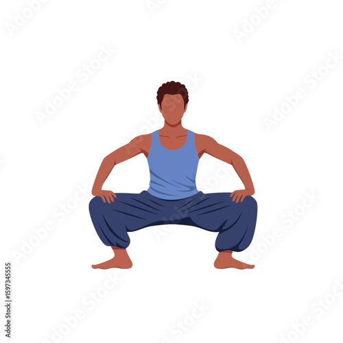 Man in yoga squat pose wearing blue tank top and pants, vector illustration, demonstrating fitness and flexibility, suitable for health and wellness