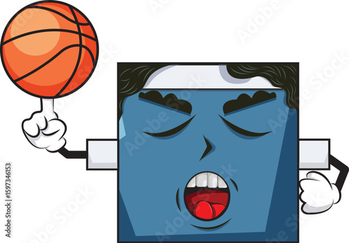 Cute square cartoon basketball player character with ball.