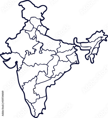 Simple Line Art Map of India Showing States