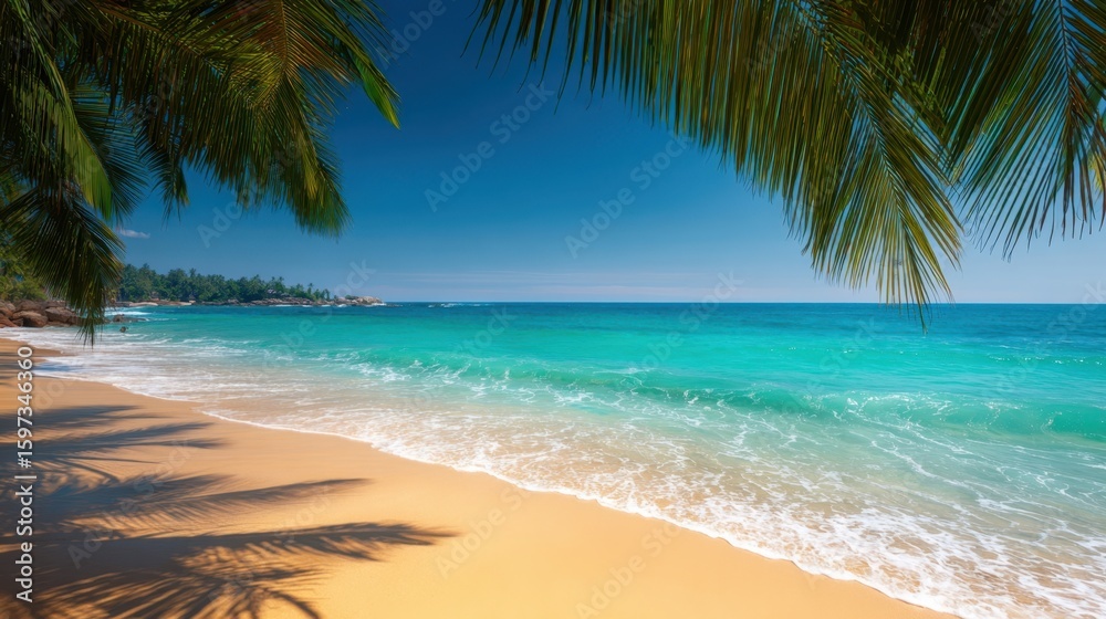 The stunning beach with crystal-clear turquoise waters and palm trees.