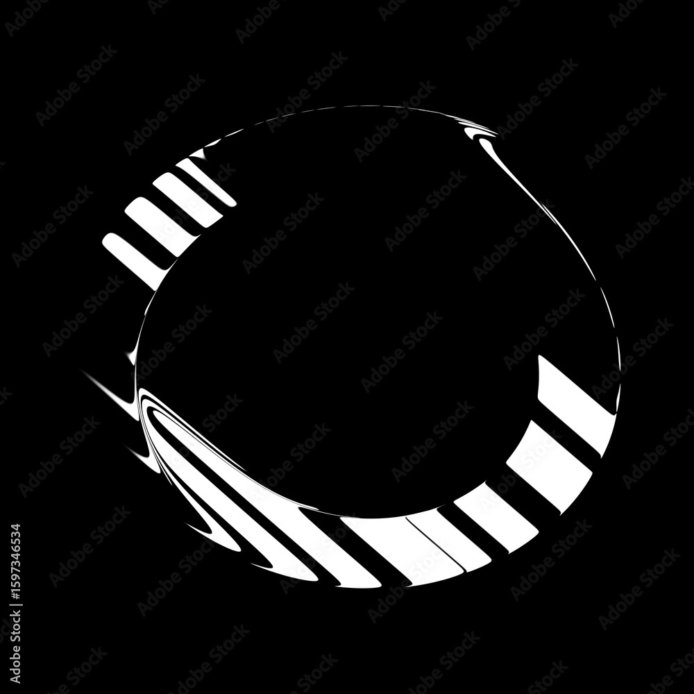 Fototapeta premium Distorted circular shape with striped white strokes on black background 