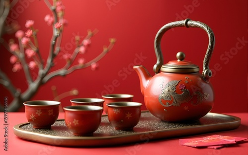 Chinese longevity tea set and red packets. High quality