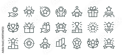 Top Performance, Champion Reward, Best Award, Exclusive Benefit, High Rank Icons Pack. Line Signs Prize Box, Star Trophy, Podium. Vector Icons Set for Web and App in Outline Style Editable Stroke.