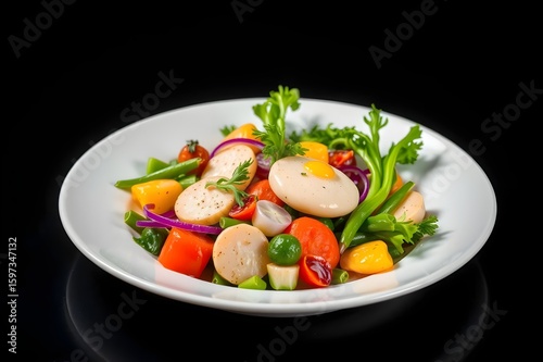 Colorful fresh vegetable salad beautifully arranged on a white plate with elegant lighting, perfect for healthy food concepts.