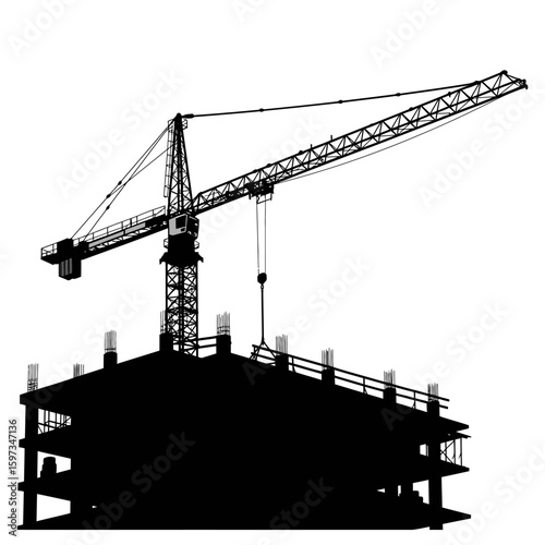 A silhouette of a construction crane actively working on a new building, symbolizing development and industrial progress against a clean white background.