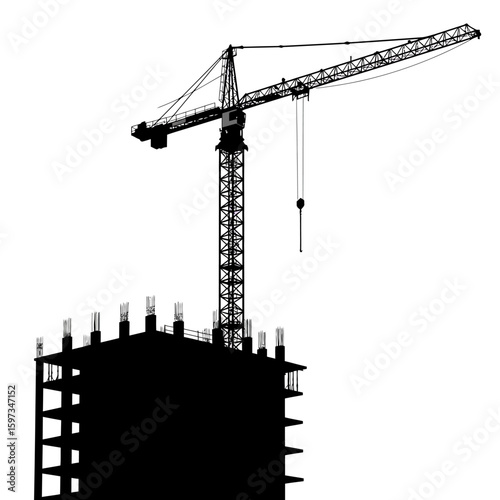 A stark black silhouette of a towering construction crane overlooks the skeletal structure of an unfinished building against a clean white background.