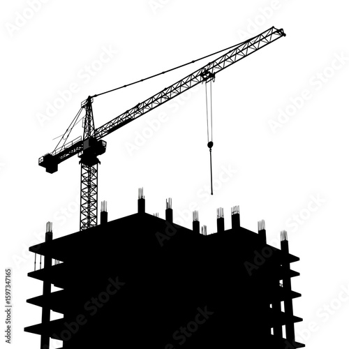 A stark black silhouette of a construction crane looms over an unfinished building, symbolizing urban development and progress on a clean background.